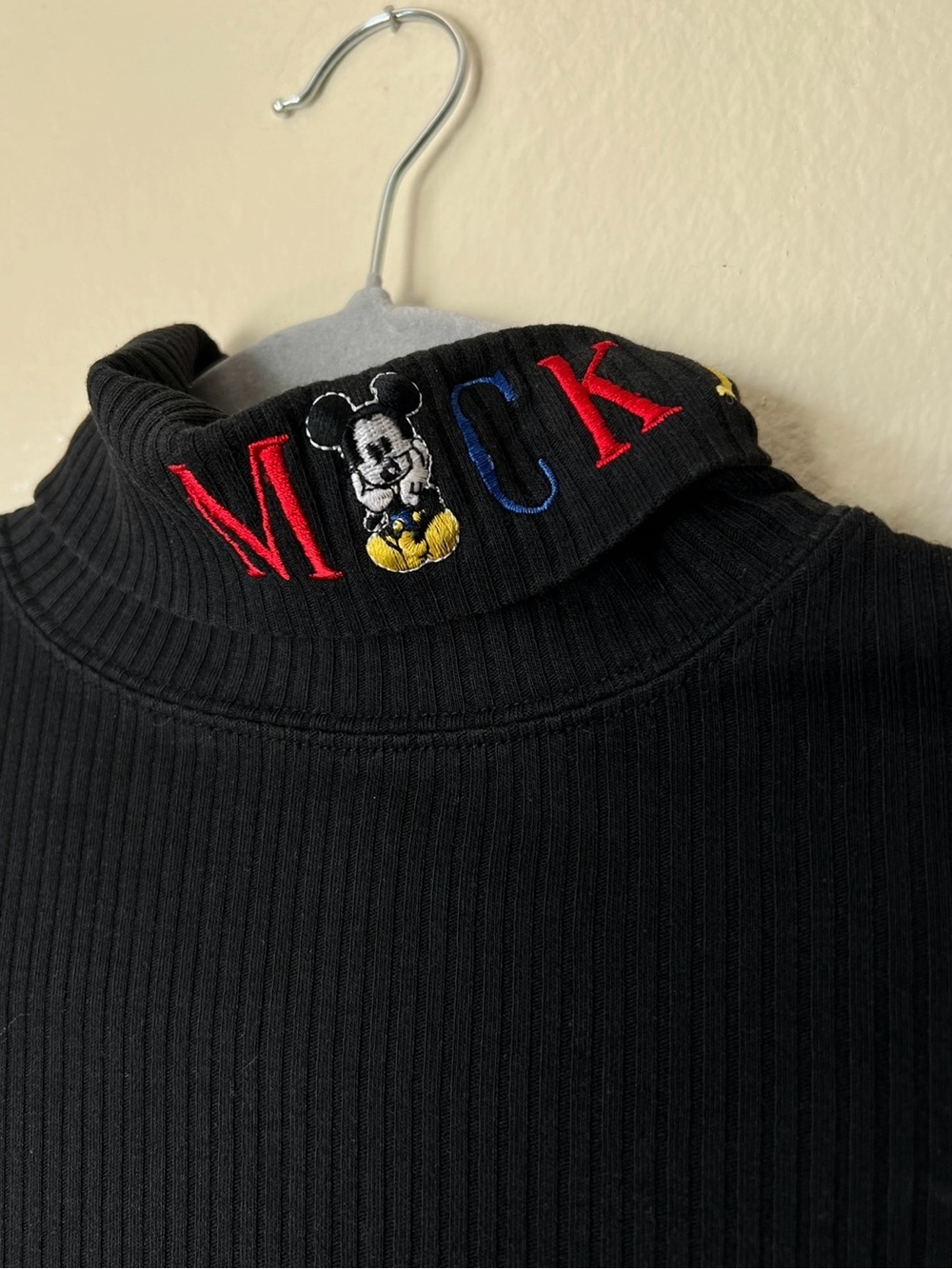 Disney Black Long Sleeve Ribbed Mock Neck Tee with Embroidered Accent